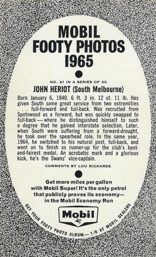 1965 Mobil Footy Photos VFL #21 John Heriot Back